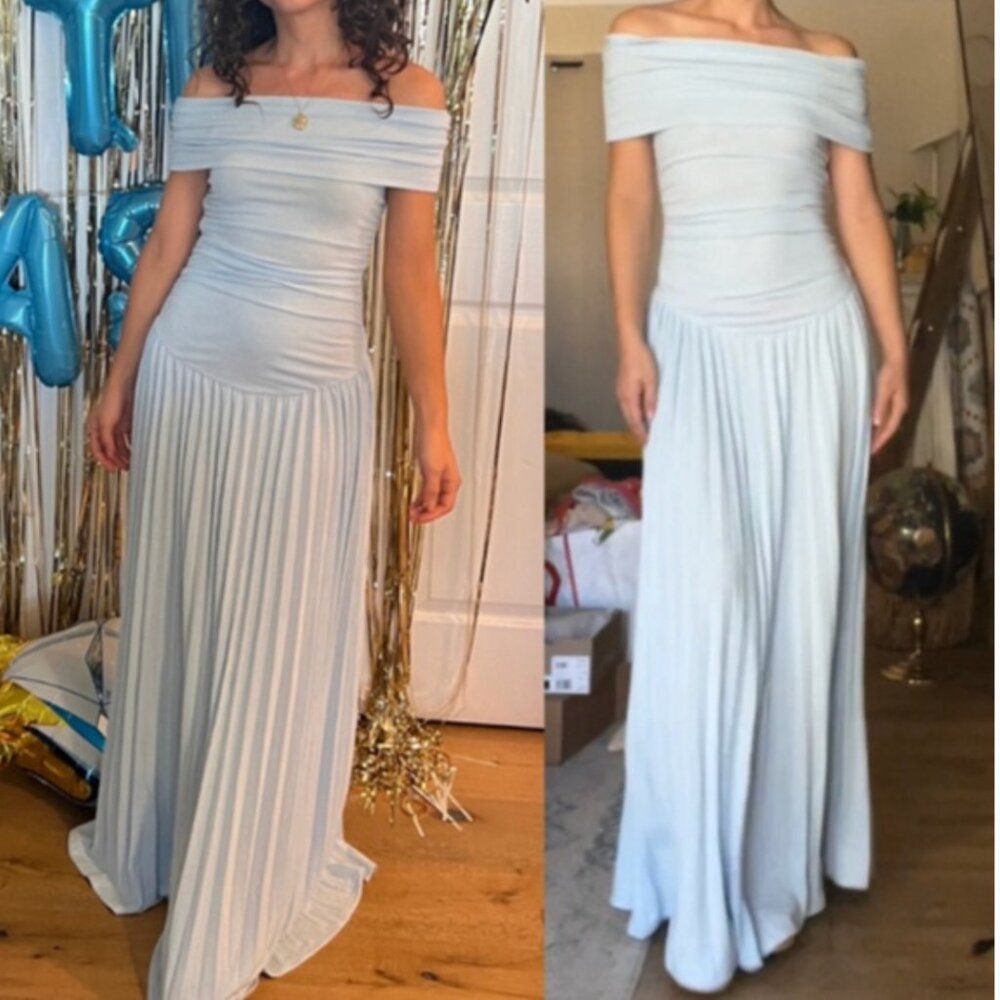 NEW Lioness Field Of Dreams Knit Maxi Dress Small Light Blue Off Shoulder Gown